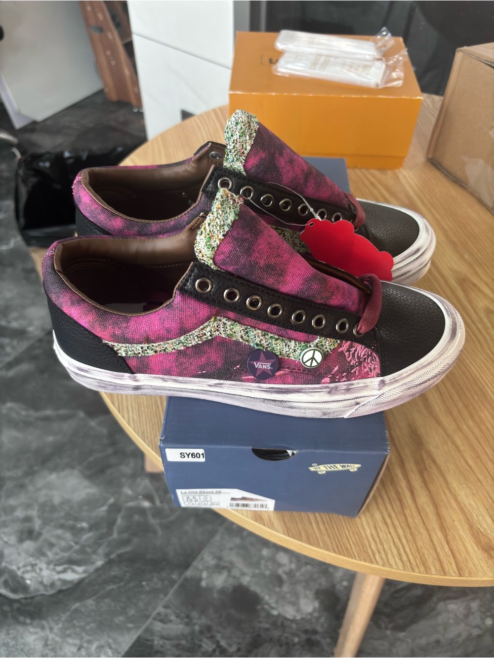 Vans Pink and Black Tie-Dye Slip-On Sneakers with Peace Charm